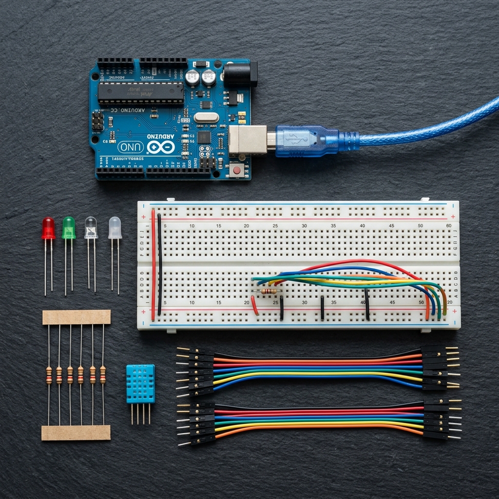 Arduino Uno microcontroller development kit with breadboard and sensors