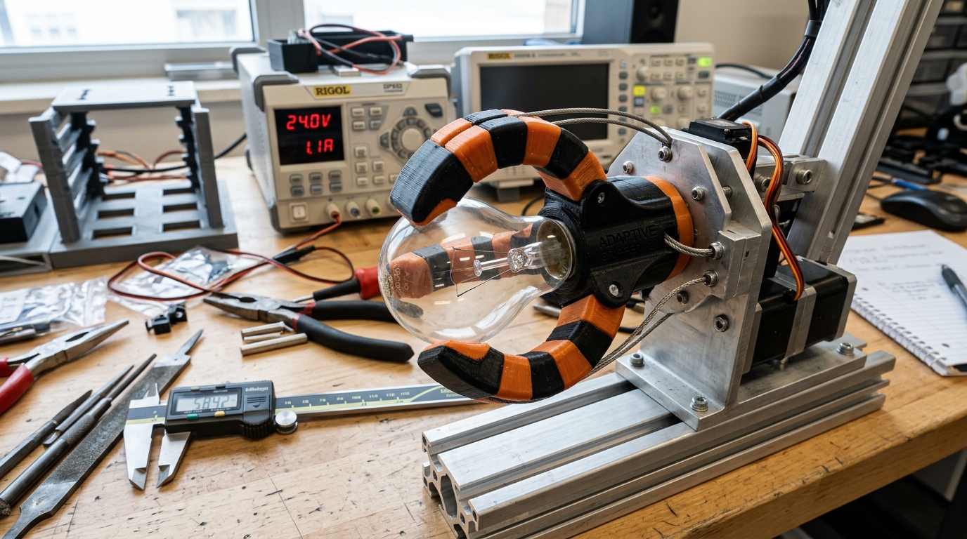 3D-Printed Adaptive Robotic Gripper — Real-world physical engineering prototype photography