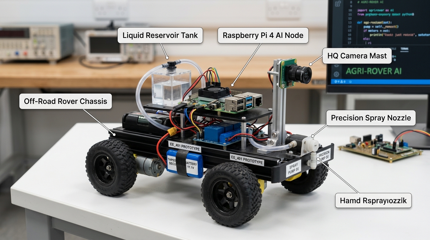 Autonomous Agricultural Rover with AI Plant Disease Detection & Precision Spraying — Real-world physical engineering prototype photography