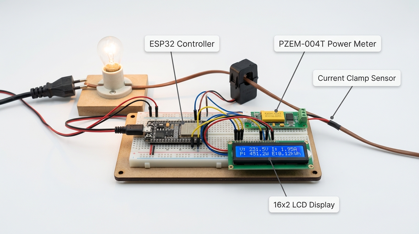 Smart Grid Power Monitoring & Anomaly Detection System using ESP32 & Cloud AI — Real-world physical engineering prototype photography