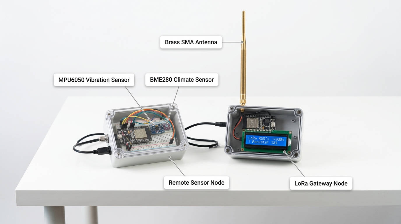 Industrial LoRaWAN Multi-Node Environmental & Structural Health Monitoring Kit — Real-world physical engineering prototype photography