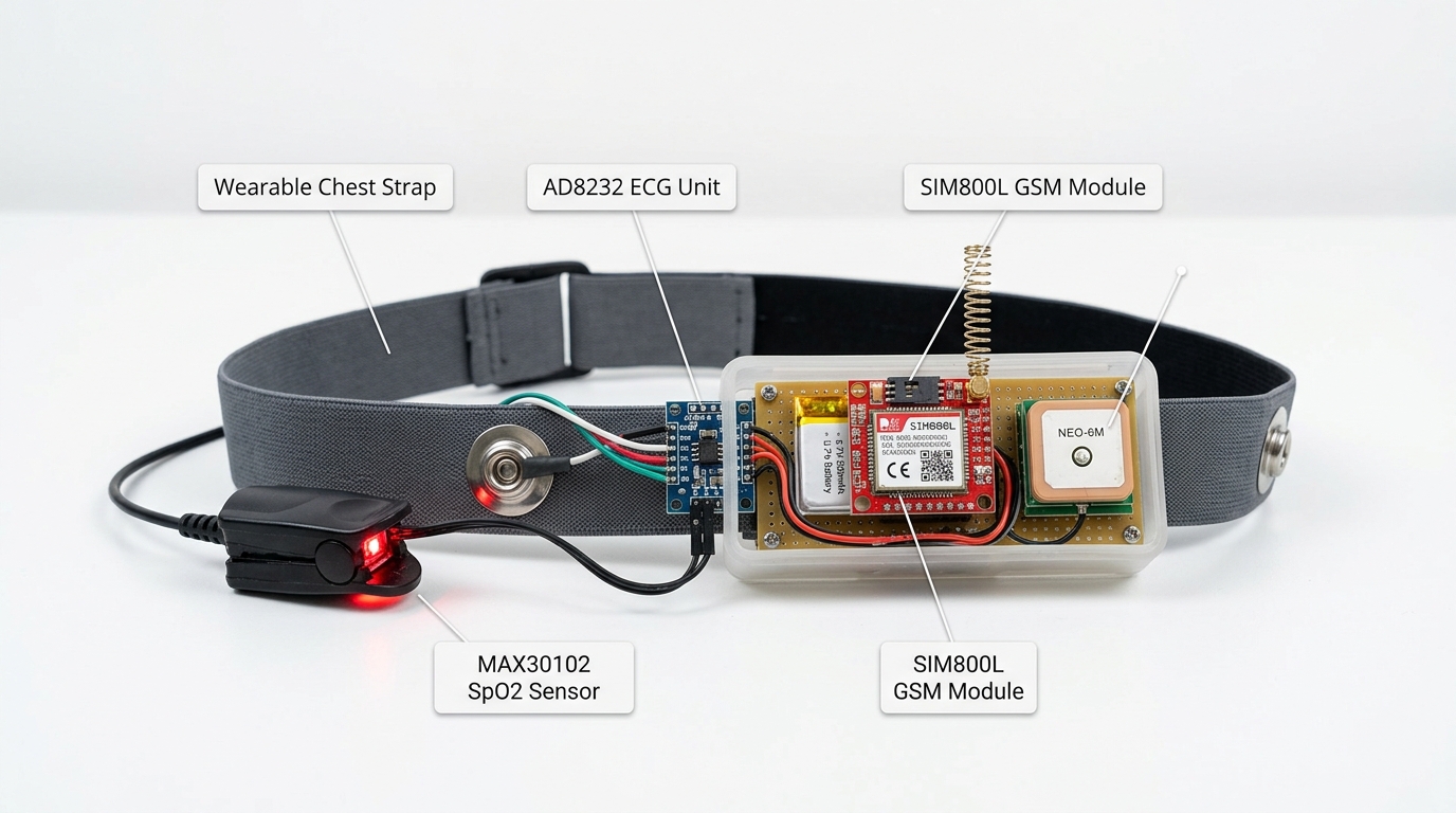 Patient Vital Telemetry Chest Strap with ECG, SpO2 & Emergency GSM GPS Alert System — Real-world physical engineering prototype photography