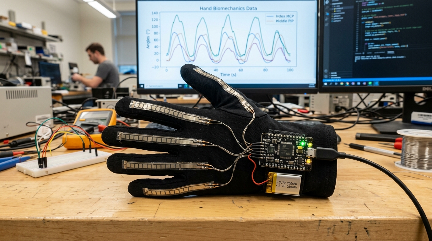 Rehabilitation Hand-Motion Sensor Glove — Real-world physical engineering prototype photography