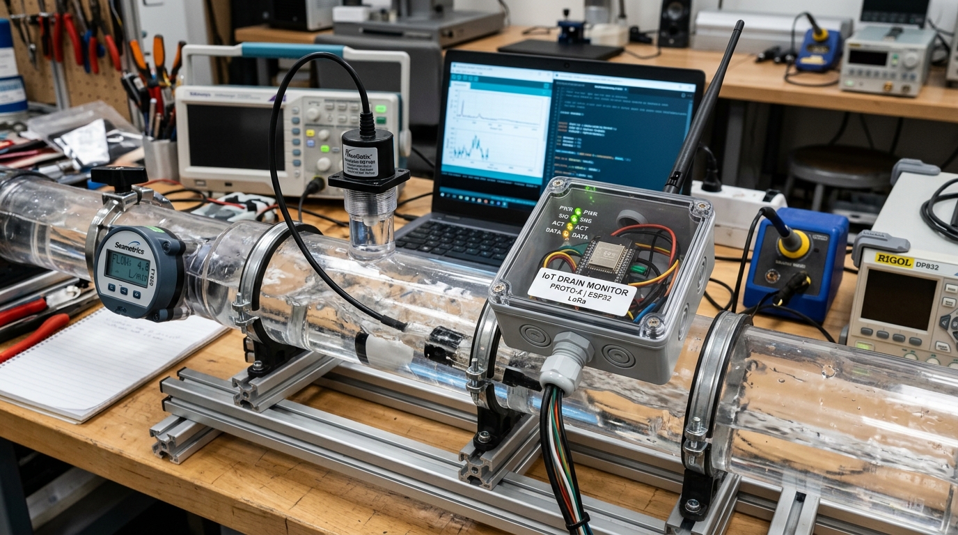 Smart Drain Blockage Detection and Alert System — Real-world physical engineering prototype photography