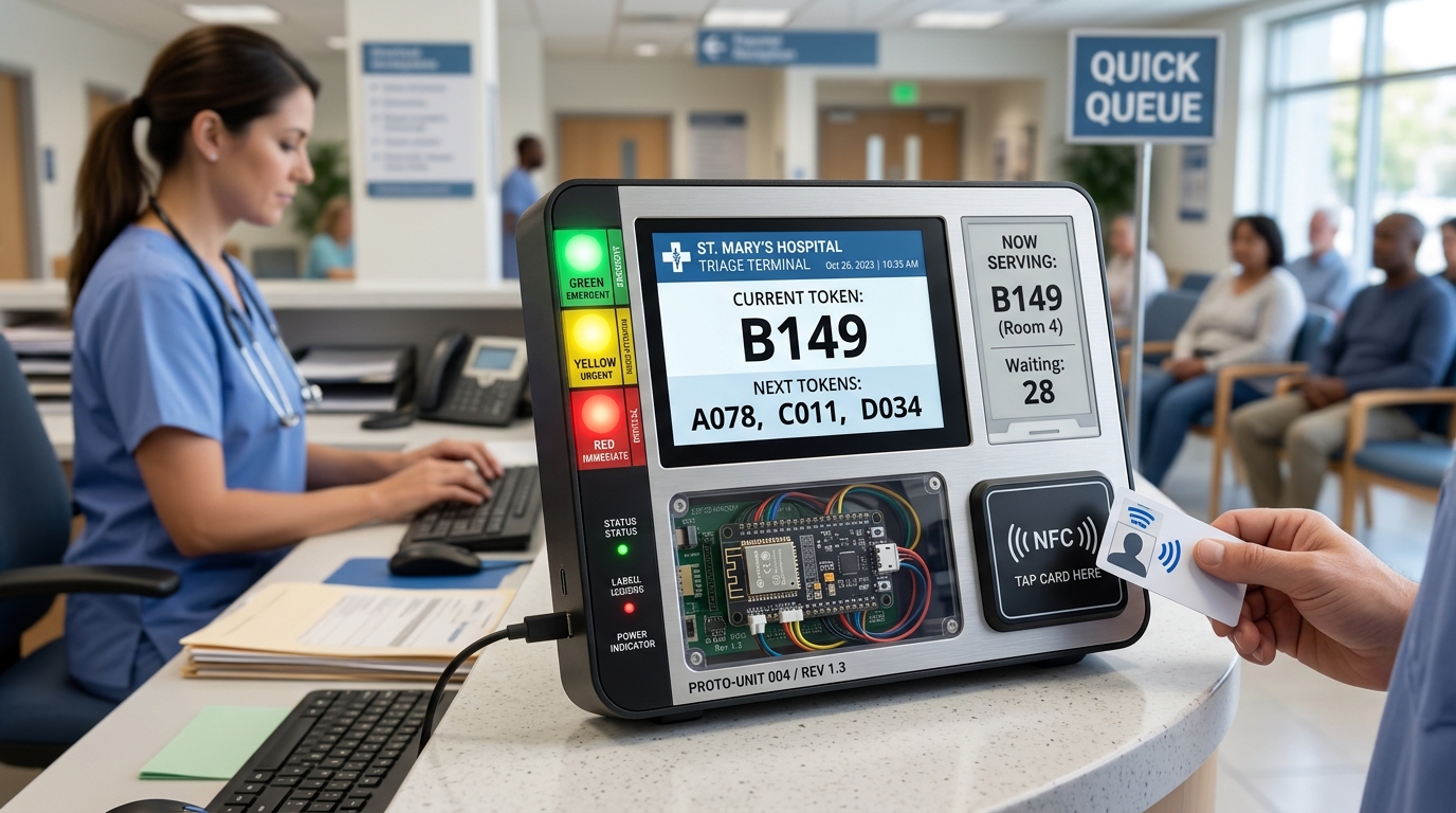 Smart Hospital Queue and Alert Display — Real-world physical engineering prototype photography