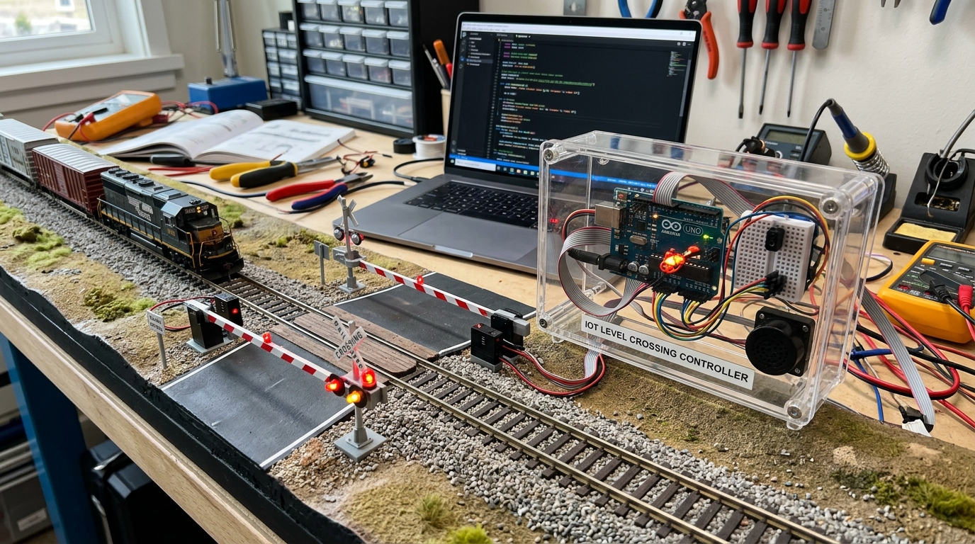 Smart Railway Level-Crossing IoT Warning System — Real-world physical engineering prototype photography