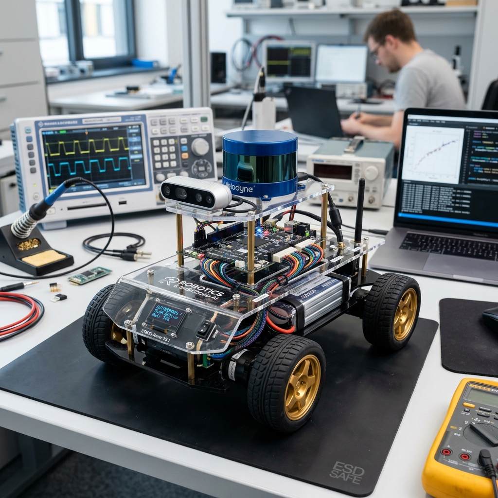 Autonomous Inventory Scanning Robot — Real-world ECE Robotics & Autonomous Systems working prototype laboratory photography with physical sensors, controller, and wiring